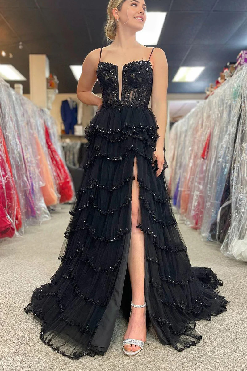 A Line V Neck Black Tulle Tiered Prom Dress with Beading